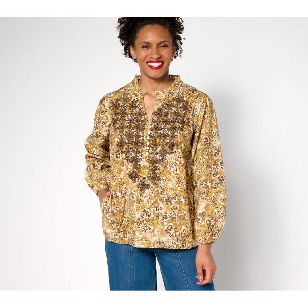 Top Knot Women's Sz 2XS (XXS) Animal Print Embroidered Cotton Brown